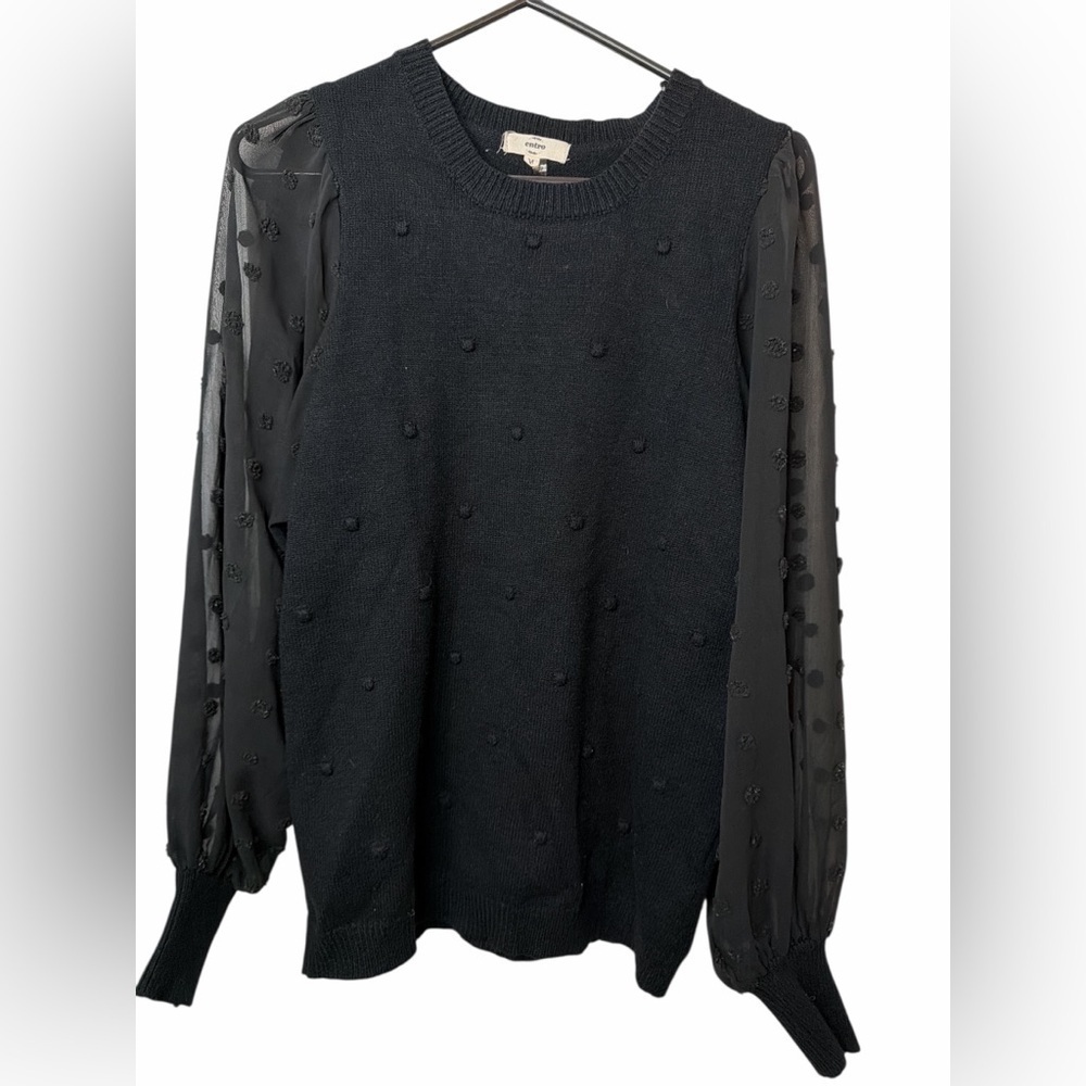 Entro Black Sweater with Sheer Polka Dot Sleeves